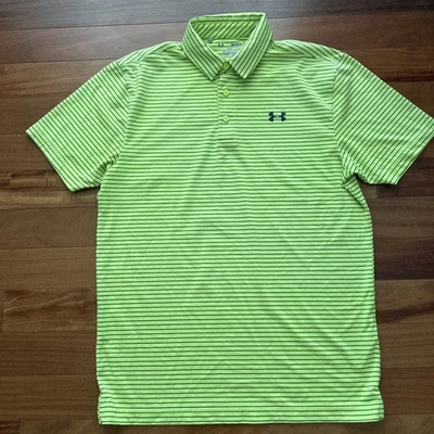 Under Armor Loose Golf Polo Shirt HeatGear Men’s M Logo Striped Neon Yellow Blk - Image 1 of 4