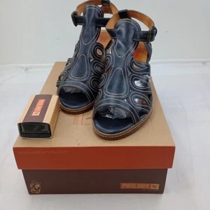 Women's 37 Pikolinos Java Black Leather Slingback Sandals Peep Open Toe Heels - Picture 1 of 21