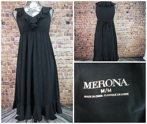 Vestido Merona para mujer talla mediana con volantes cuello en V negro sin mangas atado trasero - Imagen 1 de 9