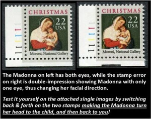 CHRISTMAS - TWO MORONI MADONNA + CHILD - 1987 Scott 2367 with FREAK ERROR (232c) - Picture 1 of 6