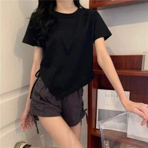 Korean Style Drawstring Short Sleeves Summer Undershirt Raglan Sleeve Female - Picture 1 of 6