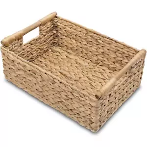 Hyacinth Large Wicker Basket 15.5x10.8x6.2" - Rectangular Wooden Handles Shel... - Picture 1 of 9