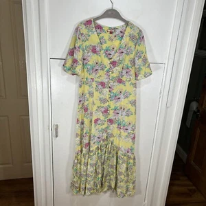 Joe Browns Dress Yellow Floral Button Short Sleeve V Neck UK 12 US 8 - Picture 1 of 6