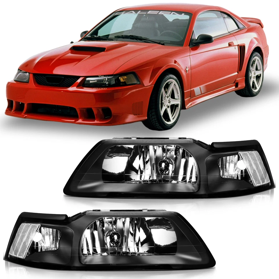 For 1999-2004 Ford Mustang Black Housing Headlights Assembly LH+RH Pair - Image 1 of 4