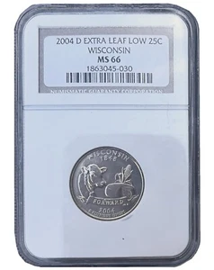2004-D 25C Wisconsin State Extra LEAF LOW Washington Quarter NGC MS66 Coin 045 - Picture 1 of 2