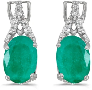 14k White Gold Oval Emerald And Diamond Earrings - Picture 1 of 1