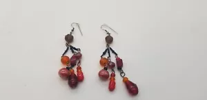 BOHO Style Cranberry And Amber Colorway Glass Beads Dangle Pierced Earrings EUC - Picture 1 of 3