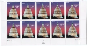 Scott #3648 13,65 $ Capitol Dome at Dusk halber Bogen mit 10 Briefmarken postfrisch unten PC #6 - Bild 1 von 1