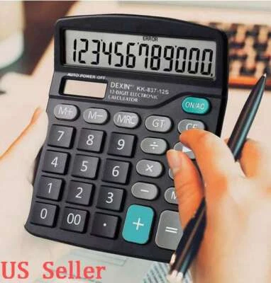 Black Solar Battery Desktop Calculator 12 Digit Large Button LCD Display Office - Image 1 of 4