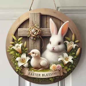 Easter Wreaths, Easter Wreath for Front Door, Wooden Easter Bunny Chick Decor Do - Picture 1 of 9
