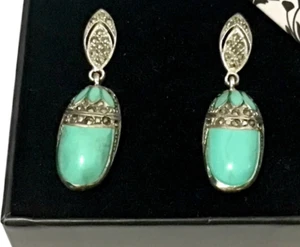Sterling Silver Turquoise Marcasite Lotus Flower long Chunky drop earrings 45mm - Picture 1 of 9