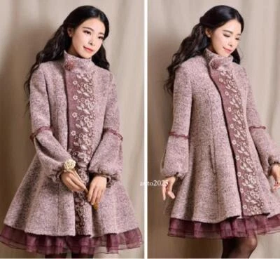Retro Women Wool Blend Floral Winter Warm Coat Lace Lantern Sleeve Parka Jacket - Image 1 of 4