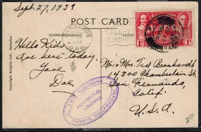 Postal de Barbados 1939 con doble oficina de información ovalada/almacén de equipaje Foto 1 de 2