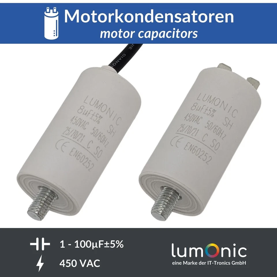 Lumonic Anlaufkondensator Stecker/Kabel 1-100µF 1-100uF 450VAC Motorkondensator  - Bild 1 von 1