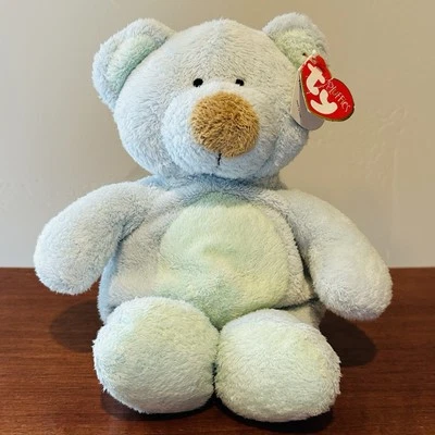TY Pluffies Bluebeary Teddy Bear Lt Blue Mint Green Sewn Eyes Tan Nose 2002 - Image 1 of 4
