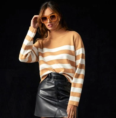 Suéter Anthropologie x Maeve The Carys a Rayas Cuello Simulado Marrón Blanco Talla XXS Foto 1 de 4