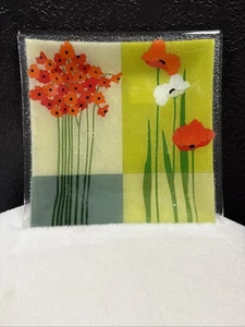 Peggy Karr Fused Art Glas Quadratisch Mohn Teller Tablett 9 3/4" Top - Bild 1 von 2