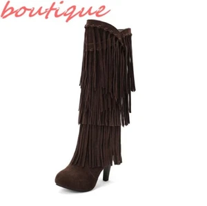 Women Gladiator Fringe Tassel High Heel Knee High Boots Stilettos Roman Shoes - Picture 1 of 29