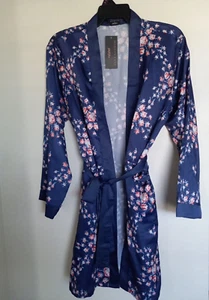 NEW Morgan Lane Women's Blue Floral Belted Satin Pocketed Pajama Robe Size S/M - Picture 1 of 3