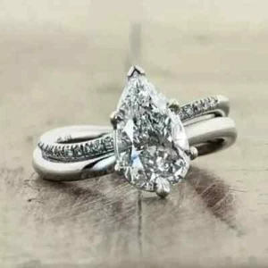Women's Wedding Ring 14K White Gold Plated 2.20Ct Pear Cut Lab-Created Diamond - Picture 1 of 5
