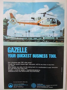 1/1973 PUB AEROSPATIALE WESTLAND VOUGHT HELICOPTERE SA 341 GAZELLE ORIGINAL AD - Bild 1 von 1