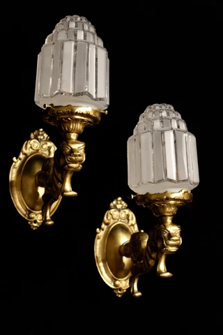 Pair Of Art Deco  bronze wall lights w/ LIONS SCULPTURES Hand made Cover