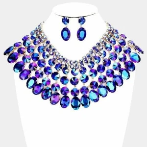 Sapphire Blue /Gold 6 Row Crystal Bib Statement Necklace - Picture 1 of 1