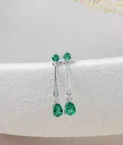 2.70 Ct Pear Cut Simulated Green Emerald Drop Earrings In 14k White Gold Plated - Picture 1 of 5