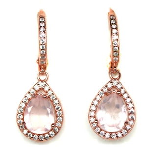 925 Plata de Ley 7 x 9 Mm. Rosa Cuarzo Rosa & Blanco Circonita Pendientes - Imagen 1 de 4