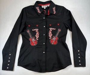 Panhandle Slim Black Red Guitar Embroidered Rhinestone Western Shirt, Shirt M - Picture 1 of 19