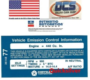 1971 Dodge Plymouth 440 6bbl Emissions Decal 3614877 NEW MoPar USA - Picture 1 of 2