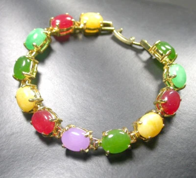Multicolor Jade Cabochon Beads Yellow Gold Plated Link Clasp Bangle Bracelet - Image 1 of 4