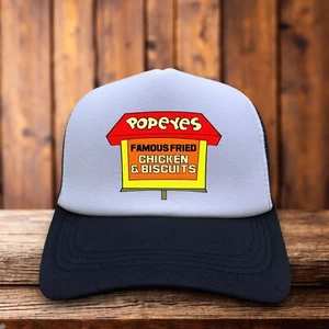 Retro Popeyes Chicken & Biscuits Unisex Trucker Hat Black Vintage Logo Ball Cap - Picture 1 of 7