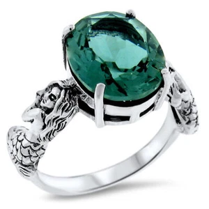 MERMAID RING VICTORIAN STYLE 925 STERLING SILVER SIMULATED EMERALD 956Z - Picture 1 of 4