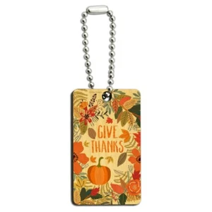 Give Thanks Thanksgiving Pumpkins Wood Wooden Rectangle Keychain Key Ring - Picture 1 of 4