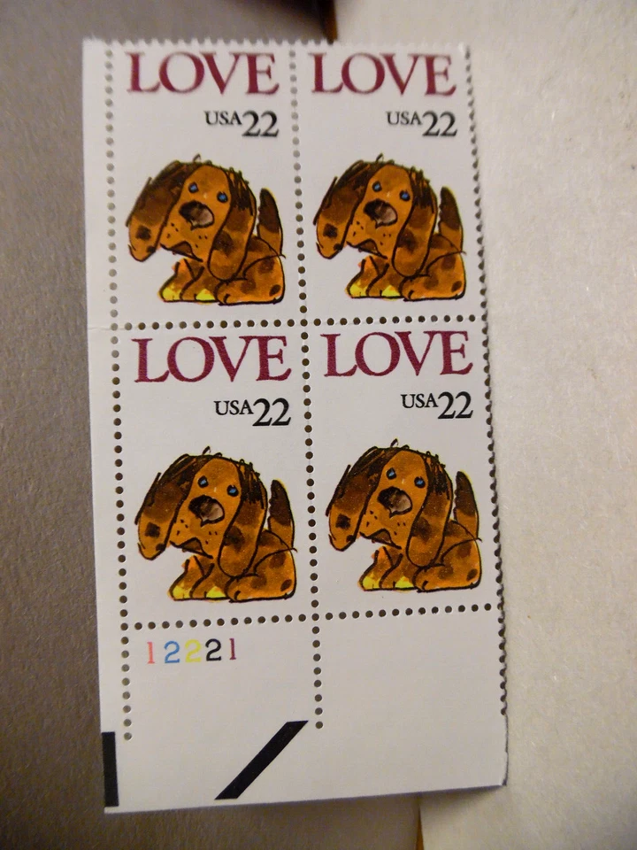 SCOTT STAMP # 2202 PUPPY LOVE 22 CENT PLATE BLOCK - MNH - Image 1 of 1