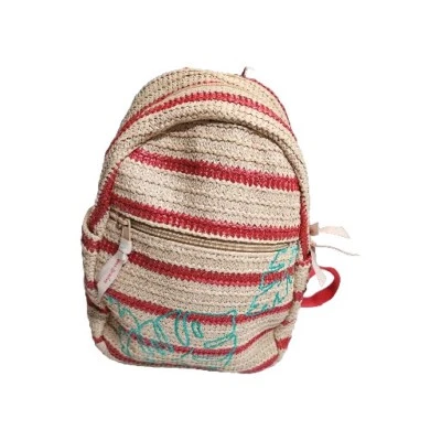 Mini Mochila Vera Bradley Tejida Paja Rosa y Beige Rayas con Hojas Bordadas Foto 1 de 4