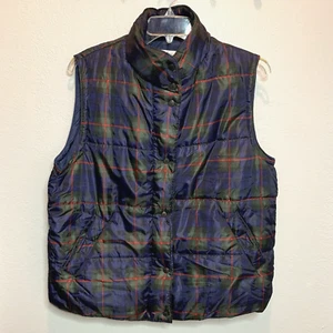 Jones New York Sport Puffer Vest Women's Large Plaid Zip-Up Snap Preppy Blue EUC - Picture 1 of 5