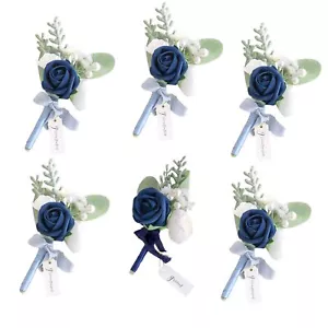 Set of 6 Navy Blue Wedding Boutonniere for Men Artificial Flowers Wedding Gro... - Picture 1 of 6