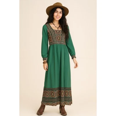 Maxi Vestido Para Mujer Verde Gasa Vintage Años 70 Boho Hippie Festival Talla Pequeña Foto 1 de 4