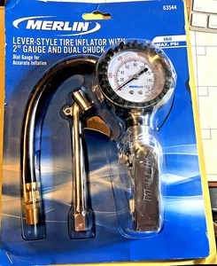 NIP Merlin Lever-Style Tire Inflator, 2" Gauge, Dual Chuck, 160 Max. PSI, #63544 - Picture 1 of 4