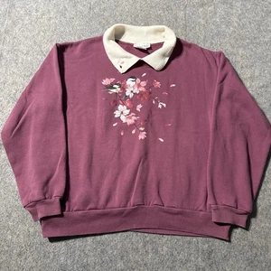 Vintage Country Store Sweatshirt L Mauve Chickadees Floral Print Collar 90s - Picture 1 of 8