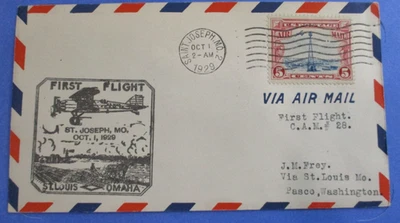 US COVER 1929 FIRST FLIGHT AIR MAIL CAM 28 ST LOUIS-OMAHA  POSTED ST. JOSEPH, MO - Image 1 of 4