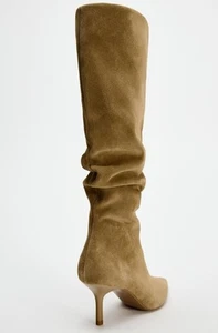 New Zara Ruched Suede Beige Heeled Boots Size 6 - Picture 1 of 7