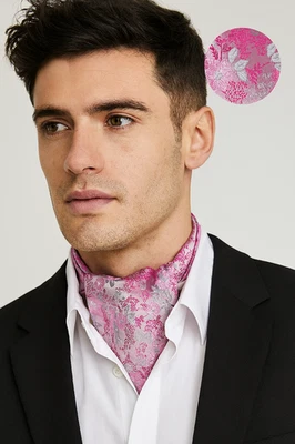 FASHION HABITAT Stilvolle geblümte Seidenkrawatte Ascot Krawatte Herrenschal Hochzeit rosa grau silber A8 UK