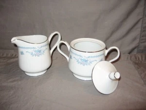 Set of Sango Winsford Sugar & Creamer Blue Floral Silver Edge MIB - Picture 1 of 6
