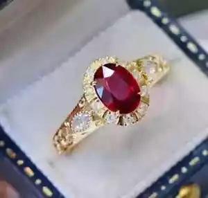 2.30CT Oval Cut Lab Created Red Ruby Halo Wedding Ring 14K Yellow Gold Plated - Picture 1 of 6