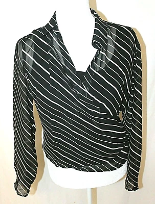 VILLAGER BLOUSE 尺寸 LARGE PETITE WRAP 黑色 带 BEIGE 条纹长袖领 — 第 1/4 张图片