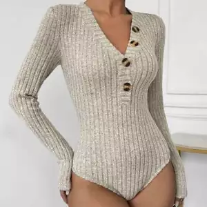 Women's V Neck Knitted Bodysuit Bodycon Long Sleeve Romper Jumpsuit Leotard Tops - Picture 1 of 10