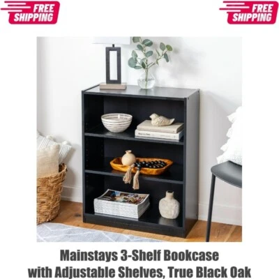 Книжный шкаф Mainstays 3 полки с регулируемыми полками, настоящий черный дуб - Изображение 1 из 4